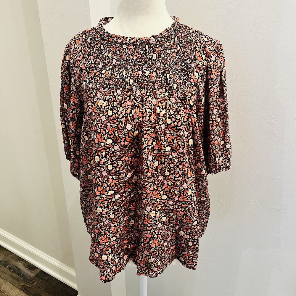 Knox Rose Women's S Ruffle Short Sleeve Smocked Floral Blouse Brick Red (A0127)
